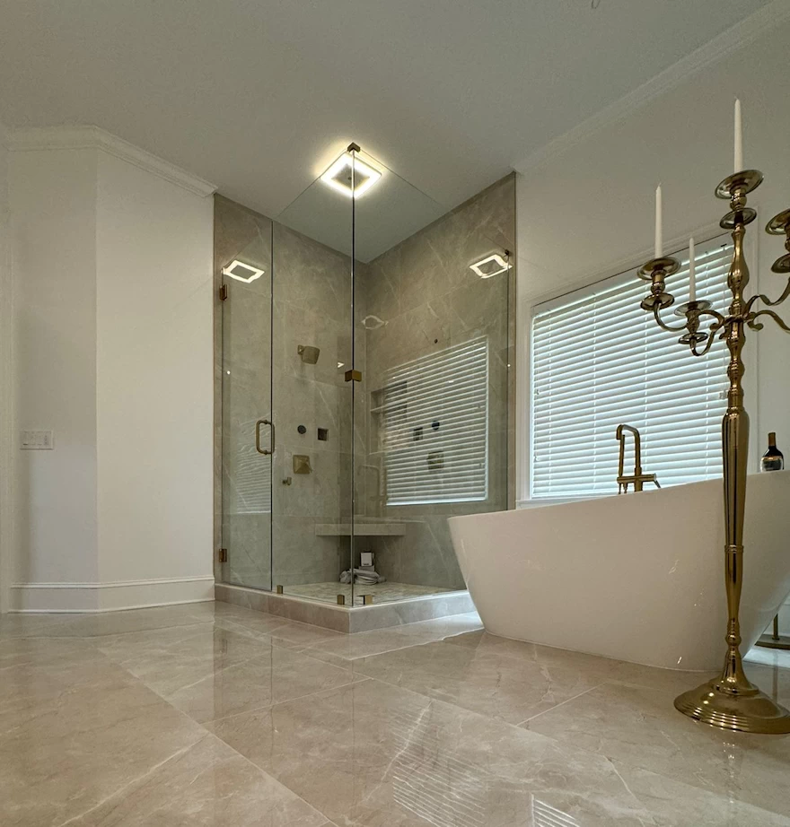 Luxury frameless shower hinge detail